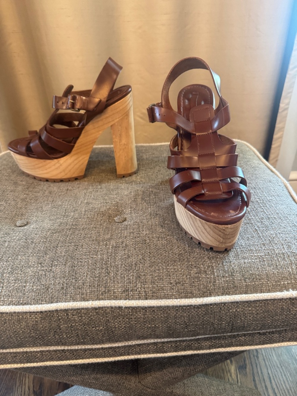 Zara Brown Leather Platform Sandals with Wood Block Heel